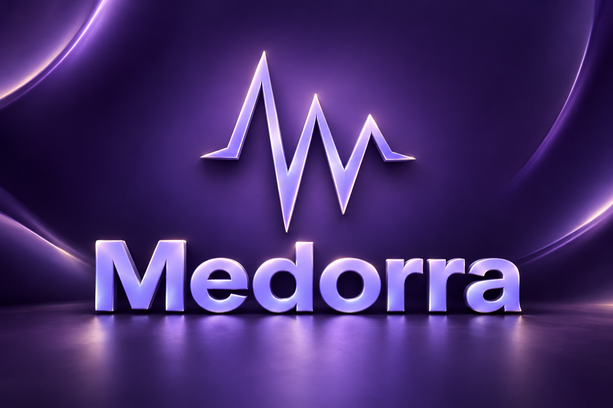 Medorra logo in luminous lavender against a deep purple background