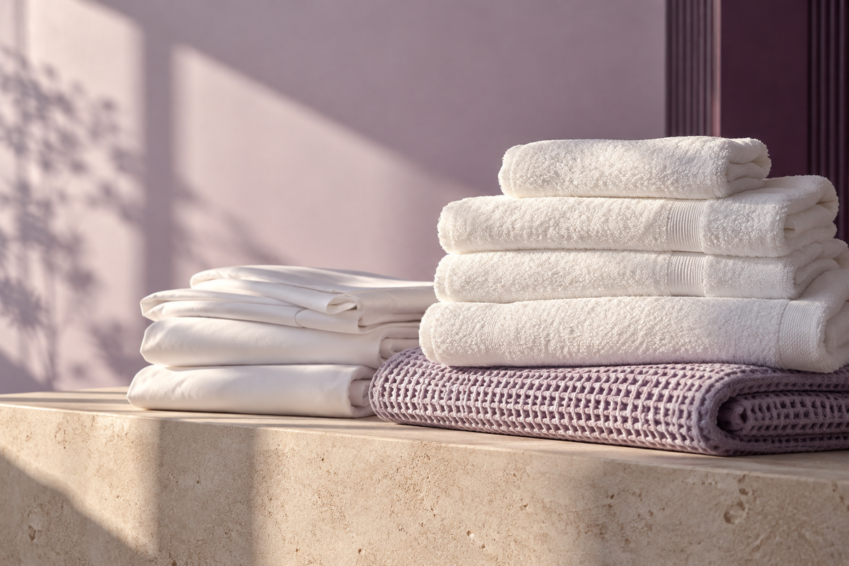 Editorial still life of folded linens in soft daylight