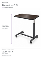 Wooden — Mahogany dimensions: 30.3 by 15.7 inch tabletop; height adjusts from 28.5 to 47.0 inches, per supplier