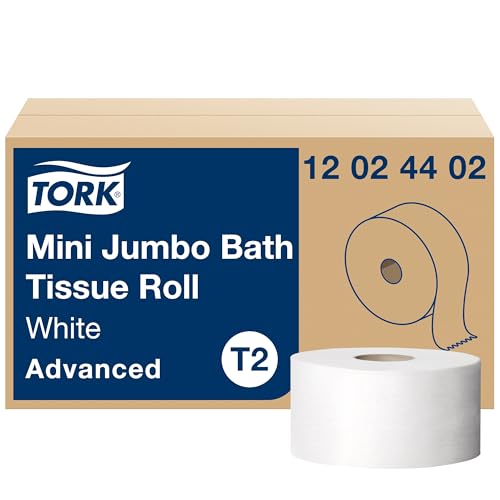 Tork Advanced Mini Jumbo T2 tissue, model 12024402, representative roll and carton; case of 12 × 751-foot rolls