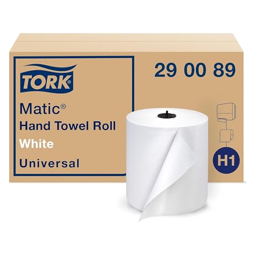 Tork Matic H1 white hand towel rolls, model 290089, representative roll and carton; case of 6 × 700-foot rolls