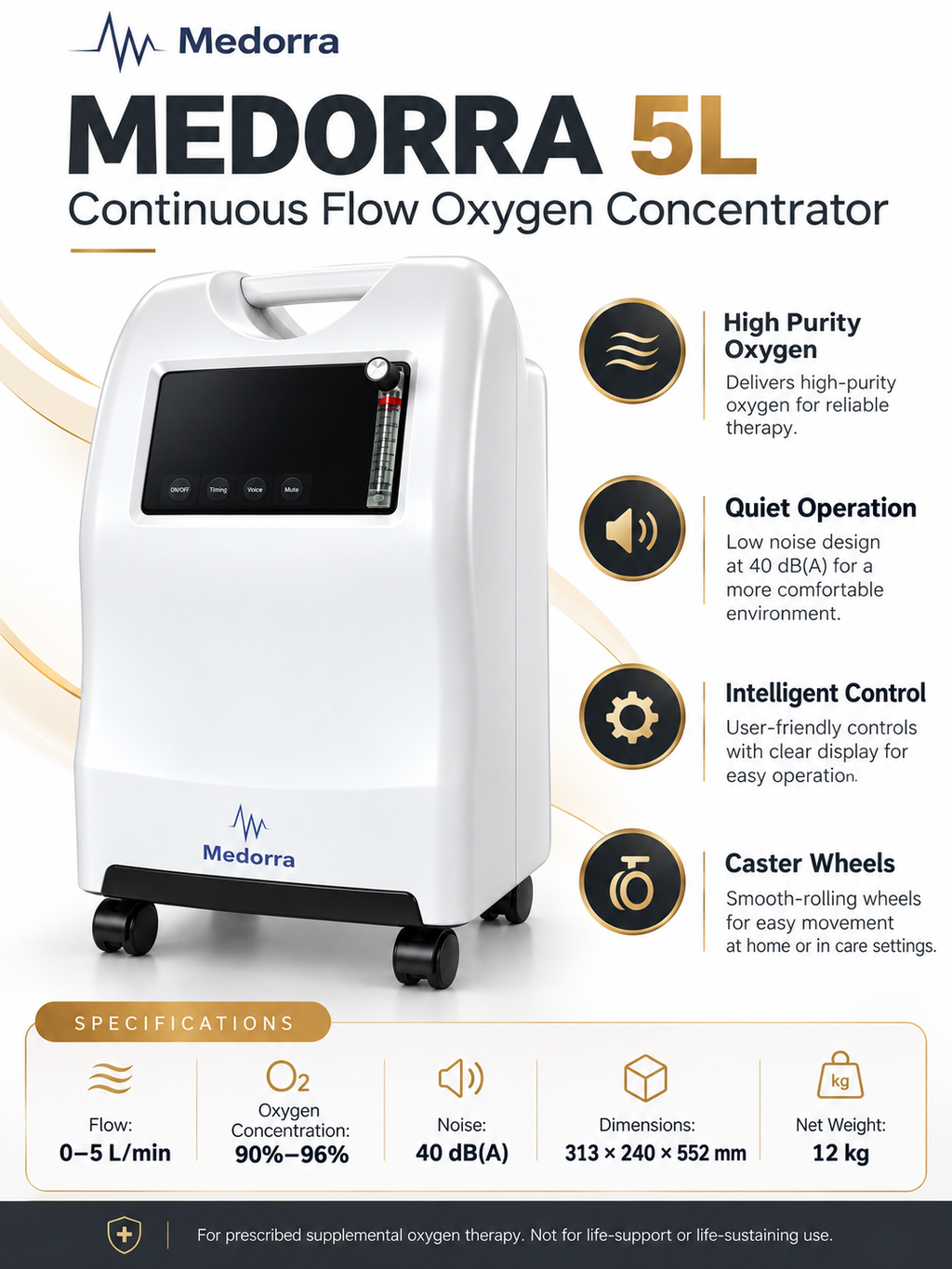 MEDORRA 5L continuous flow oxygen concentrator specifications