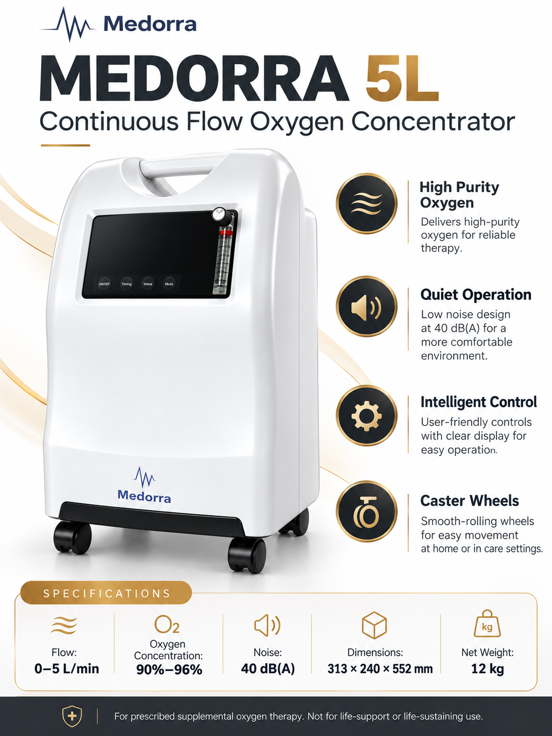 MEDORRA 5L continuous flow oxygen concentrator specifications
