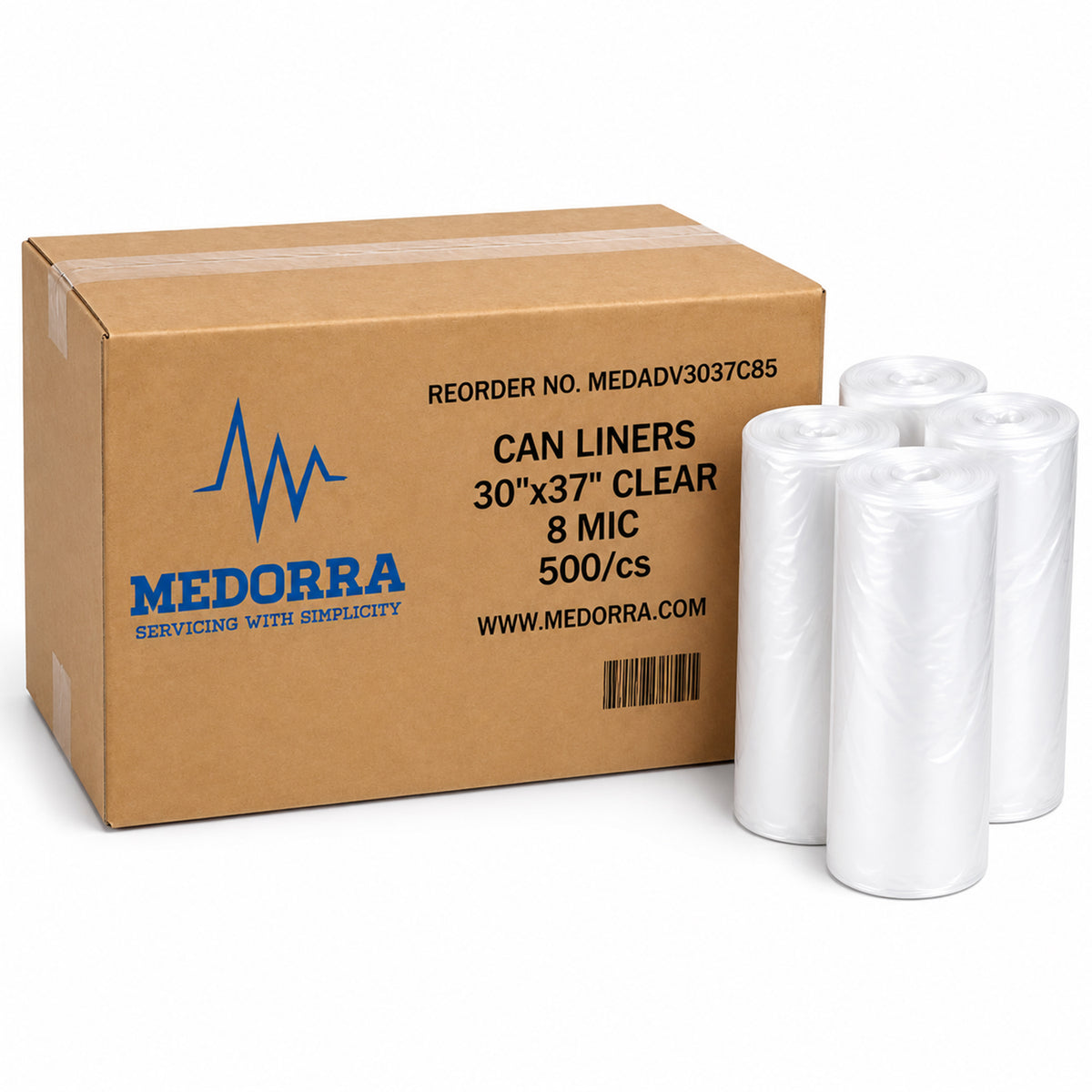MEDORRA clear HDPE can liners, 30 × 37 inches, 8 micron, 500-count case, reorder MEDADV3037C85