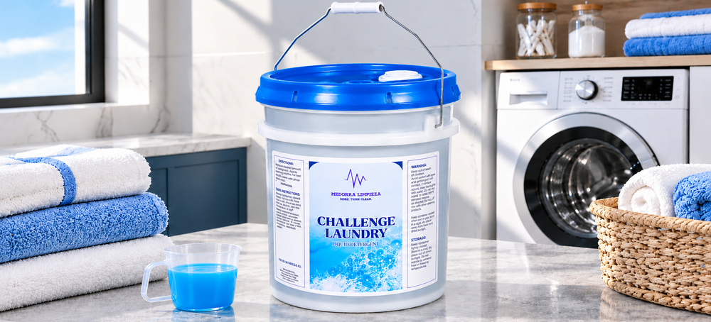 Medorra Challenge Laundry detergent bucket with towels and laundry equipment