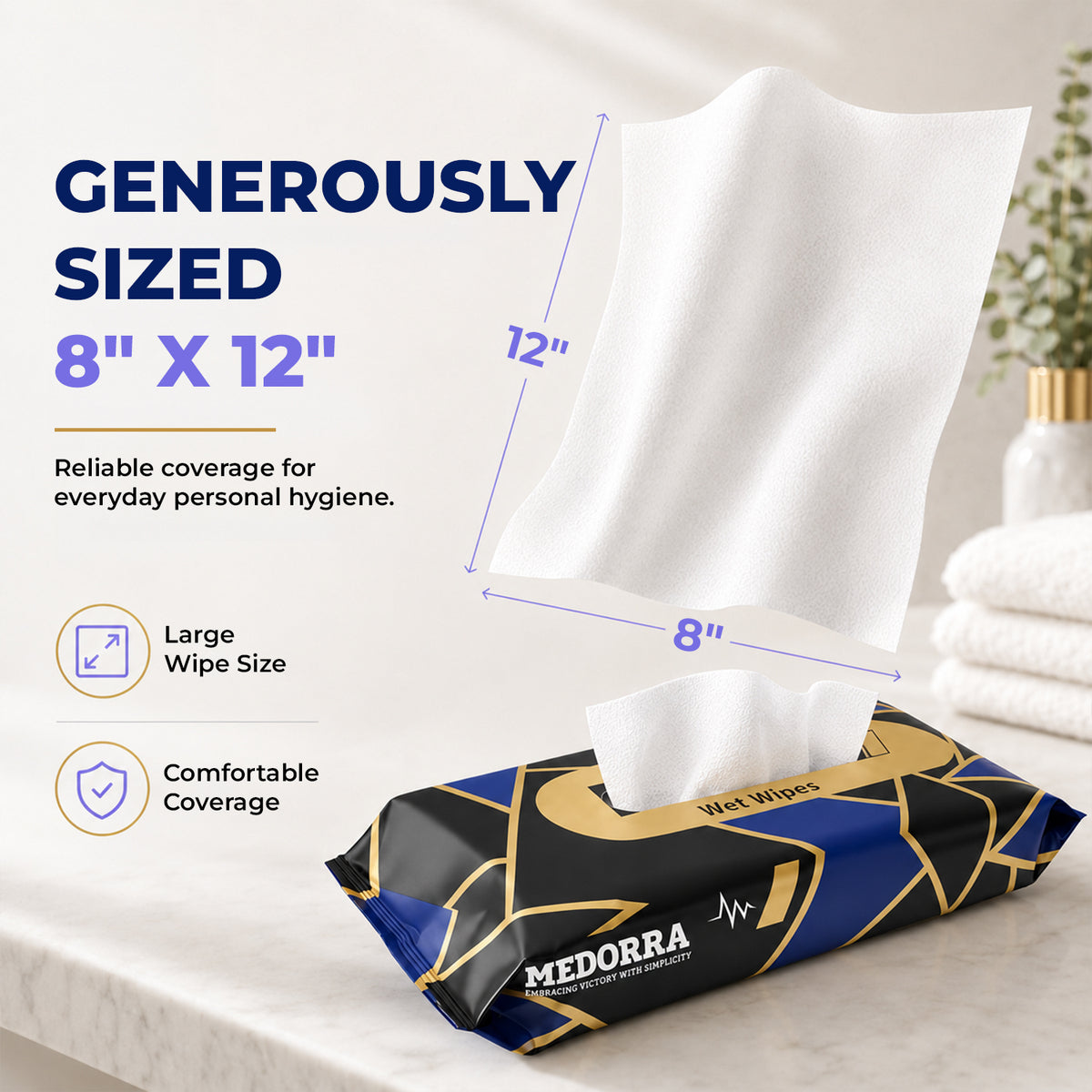 Pre-moistened adult wipes, scented — product information from Medorra’s listing artwork