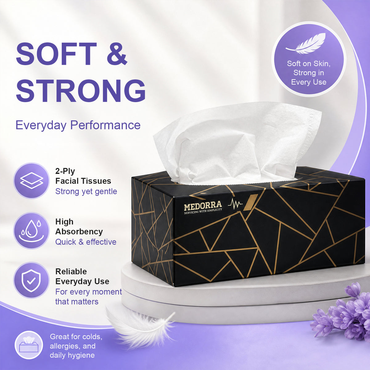 Facial tissues, black & gold box — product information from Medorra’s listing artwork