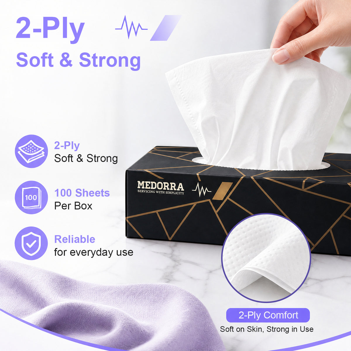 Facial tissues, black & gold box — product information from Medorra’s listing artwork