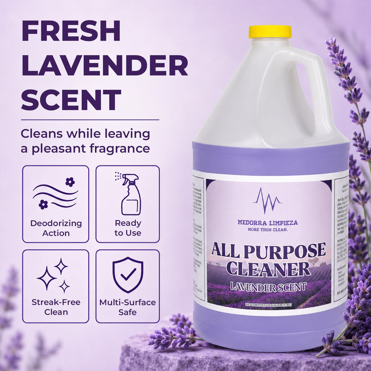 Lavender all-purpose cleaner & deodorizer — product information from Medorra’s listing artwork
