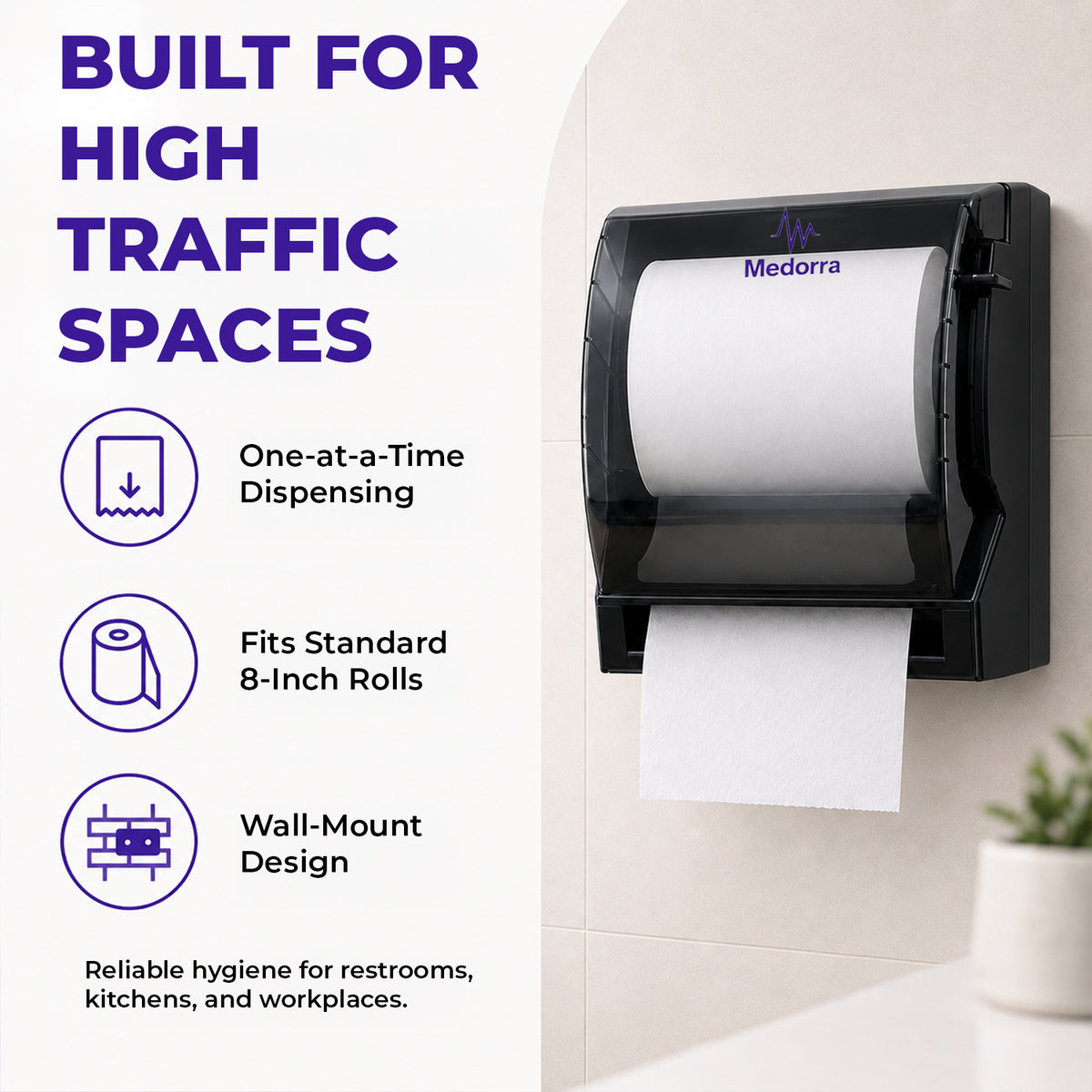Hardwound paper towel dispenser — product information from Medorra’s listing artwork