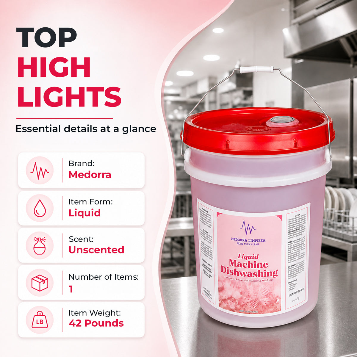 Liquid machine dishwashing detergent — product information from Medorra’s listing artwork