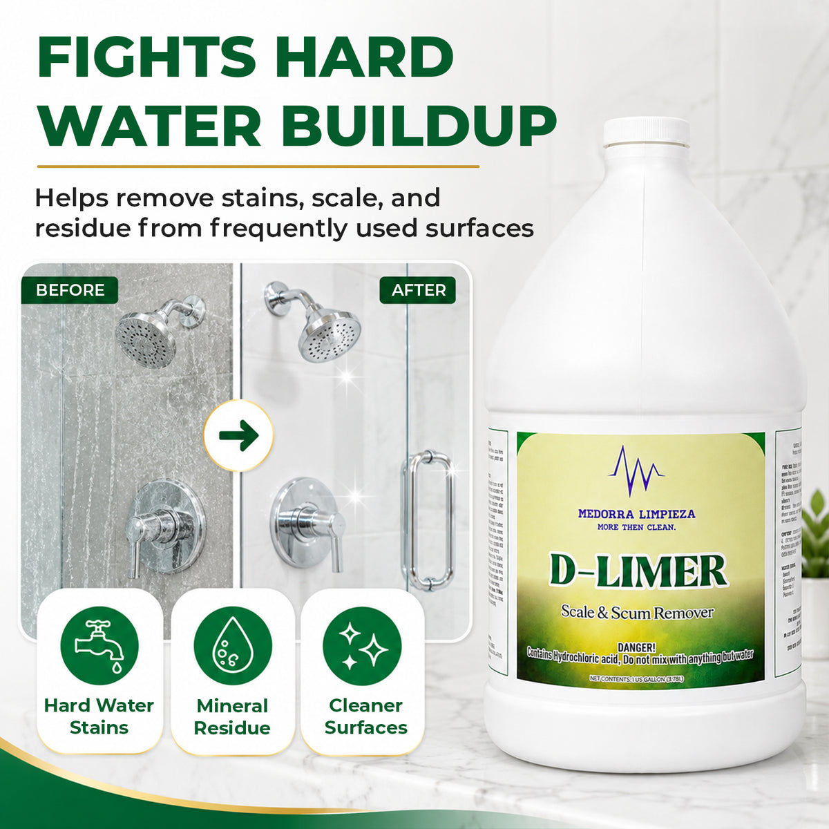 D-Limer scale & scum remover — product information from Medorra’s listing artwork