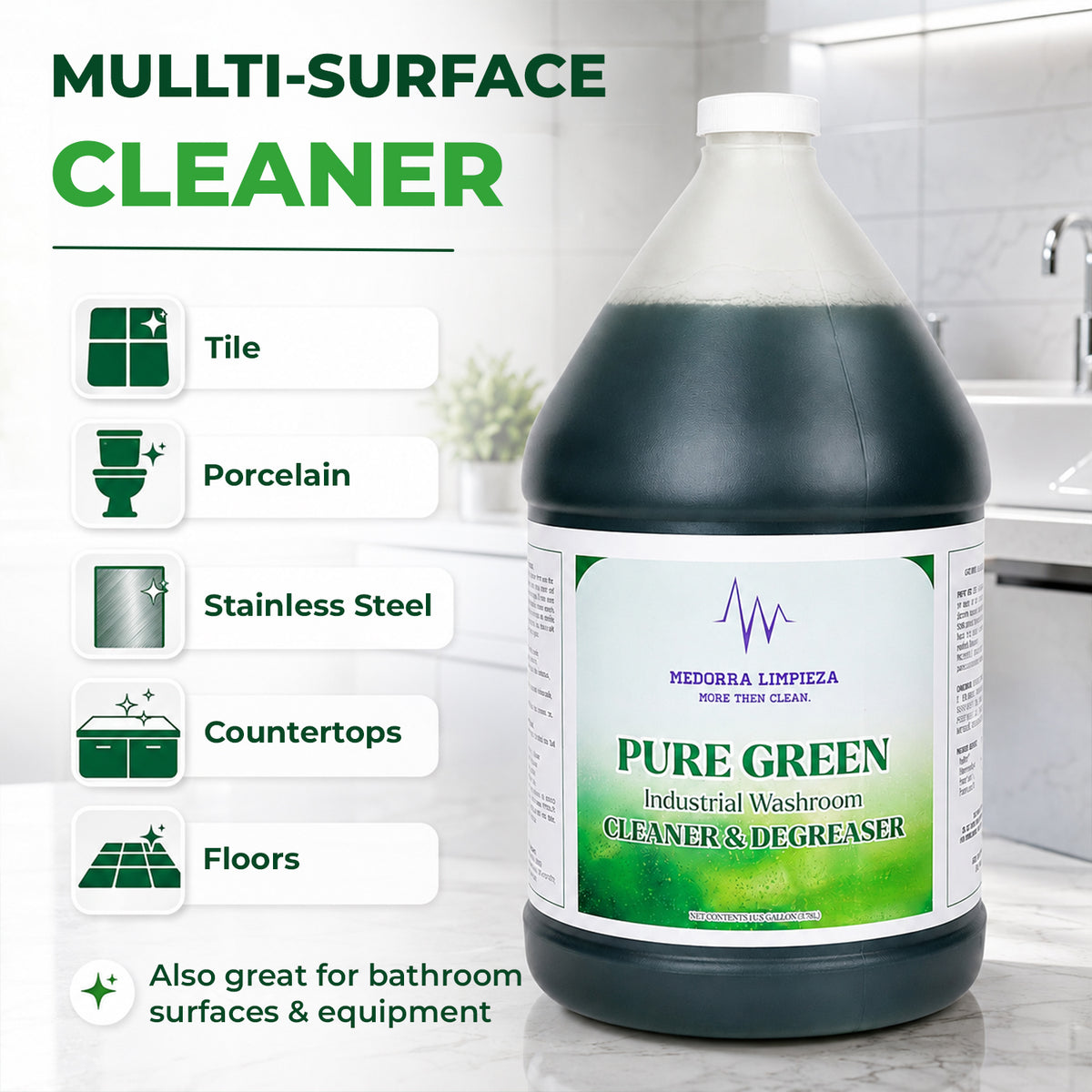Pure Green washroom cleaner & degreaser — product information from Medorra’s listing artwork