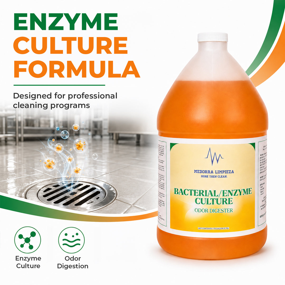 Bacterial enzyme odor digester — product information from Medorra’s listing artwork
