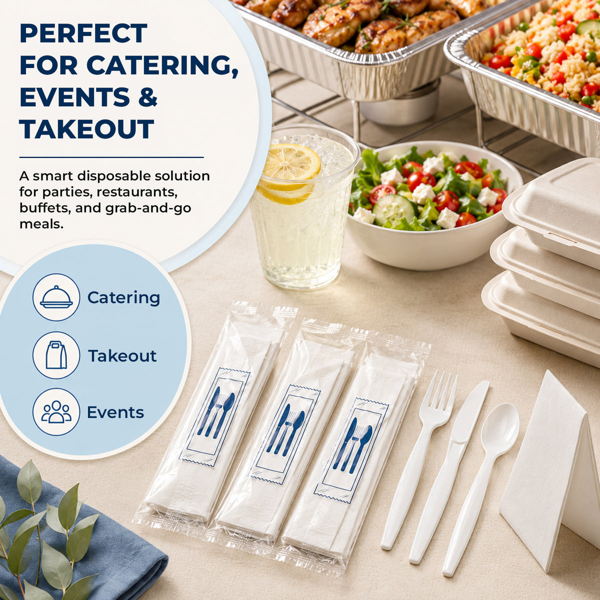 White polypropylene cutlery kits — product information from Medorra’s listing artwork