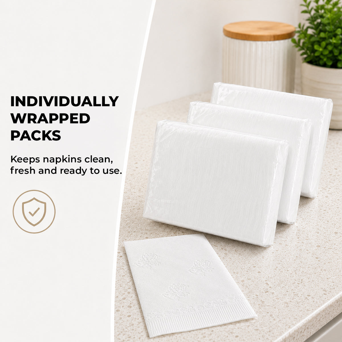 White dinner napkins — product information from Medorra’s listing artwork
