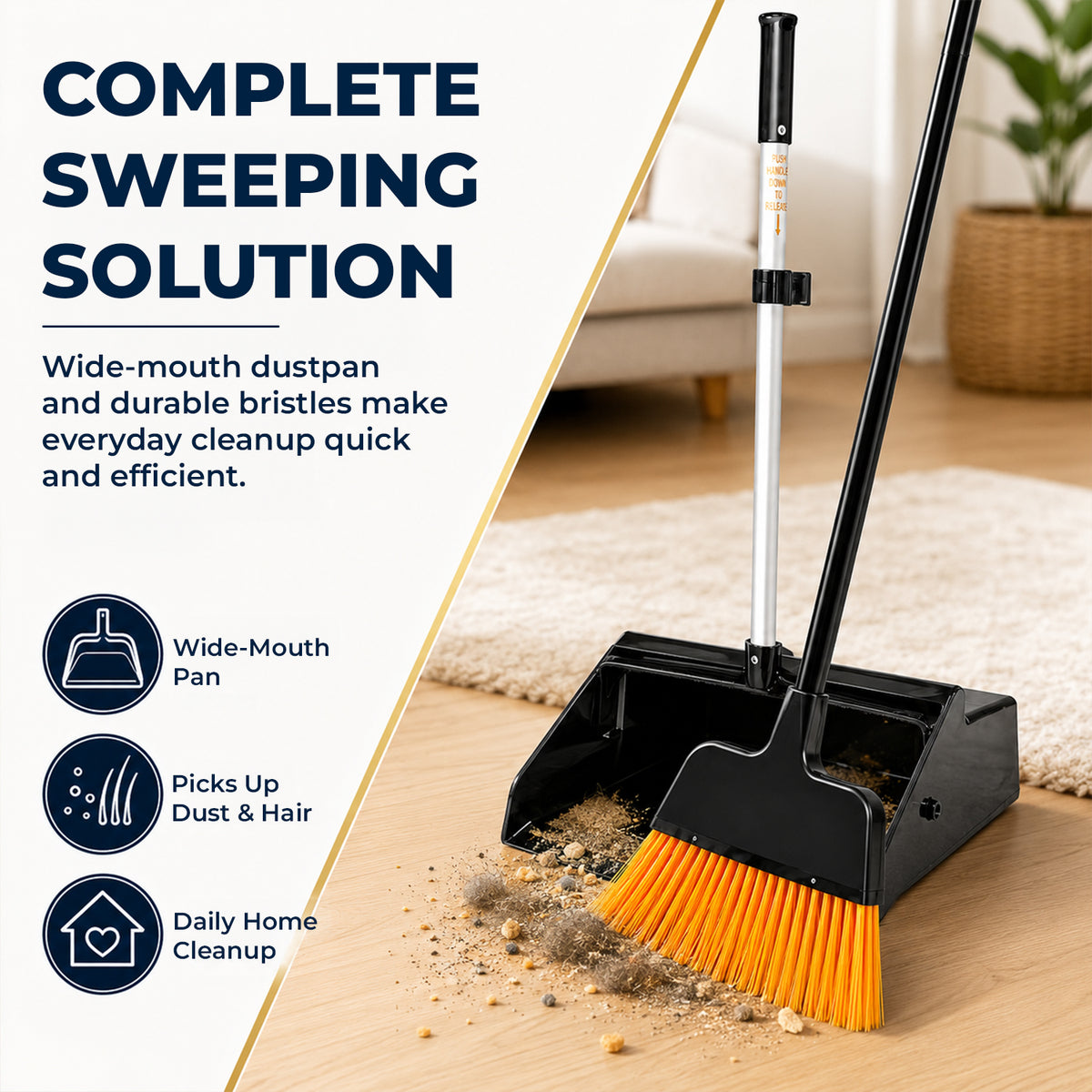 Long-handle broom & dustpan set — product information from Medorra’s listing artwork