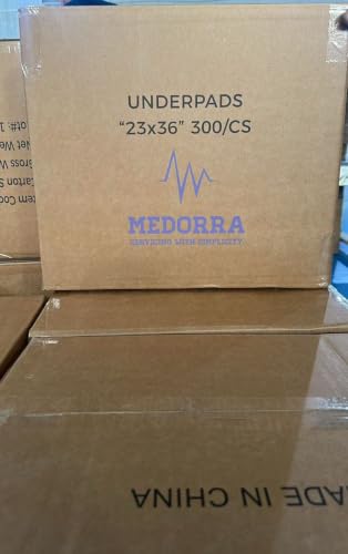 MEDORRA disposable underpads carton labeled 23 x 36 inches, 300 per case