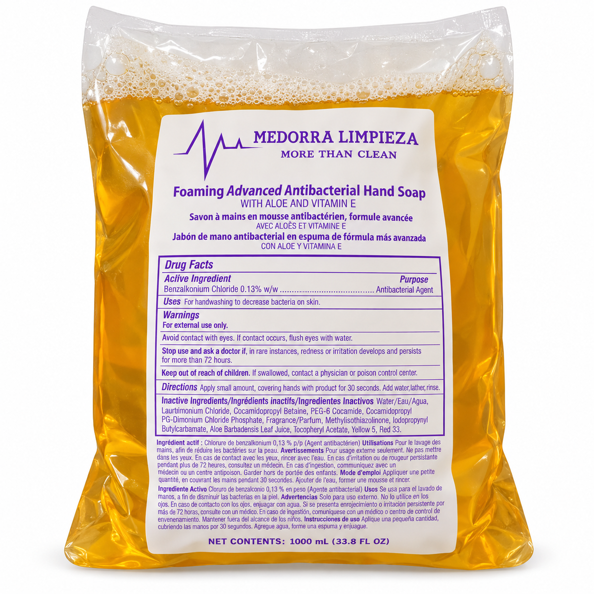 Medorra Limpieza foaming antibacterial hand soap refill — 1,000 mL pouch, sold in a case of six