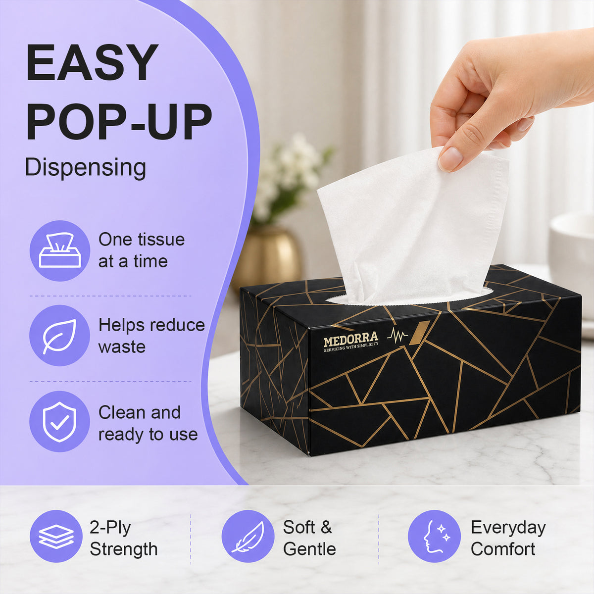 Premium Facial Tissues, Black and Gold Luxury Box Design, 2-Ply, 200 Sheets Per Box, 15 Pack, Hypoallergenic (LT-RD9B-UGBH) — product view 4