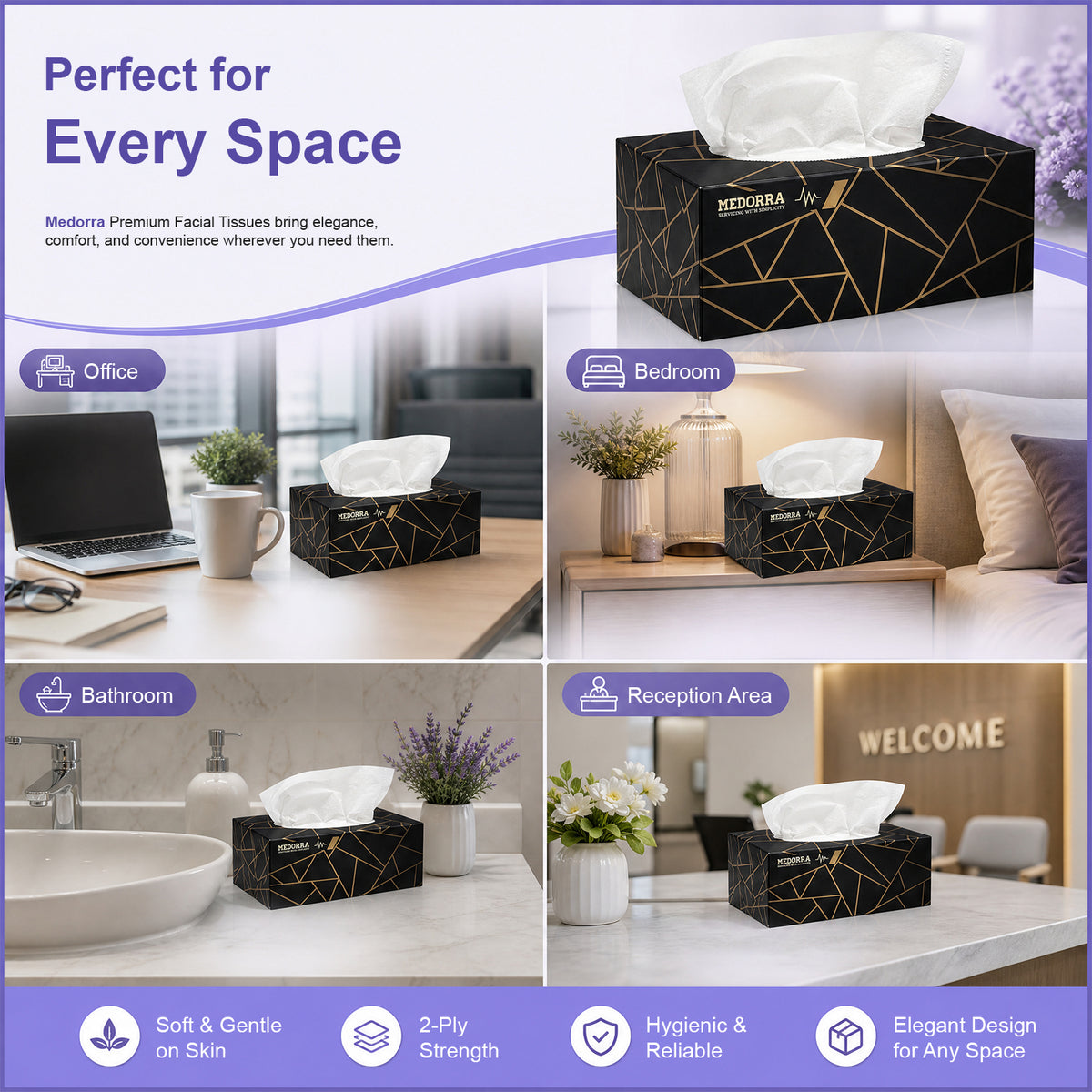 Premium Facial Tissues, Black and Gold Luxury Box Design, 2-Ply, 200 Sheets Per Box, 15 Pack, Hypoallergenic (LT-RD9B-UGBH) — product view 5