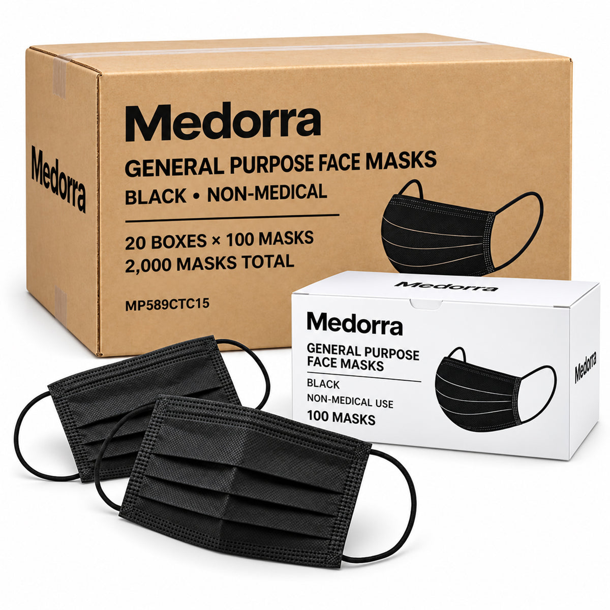 Black 3-Ply Disposable Face Masks, Non-Medical, 2,000 Count — product view 1
