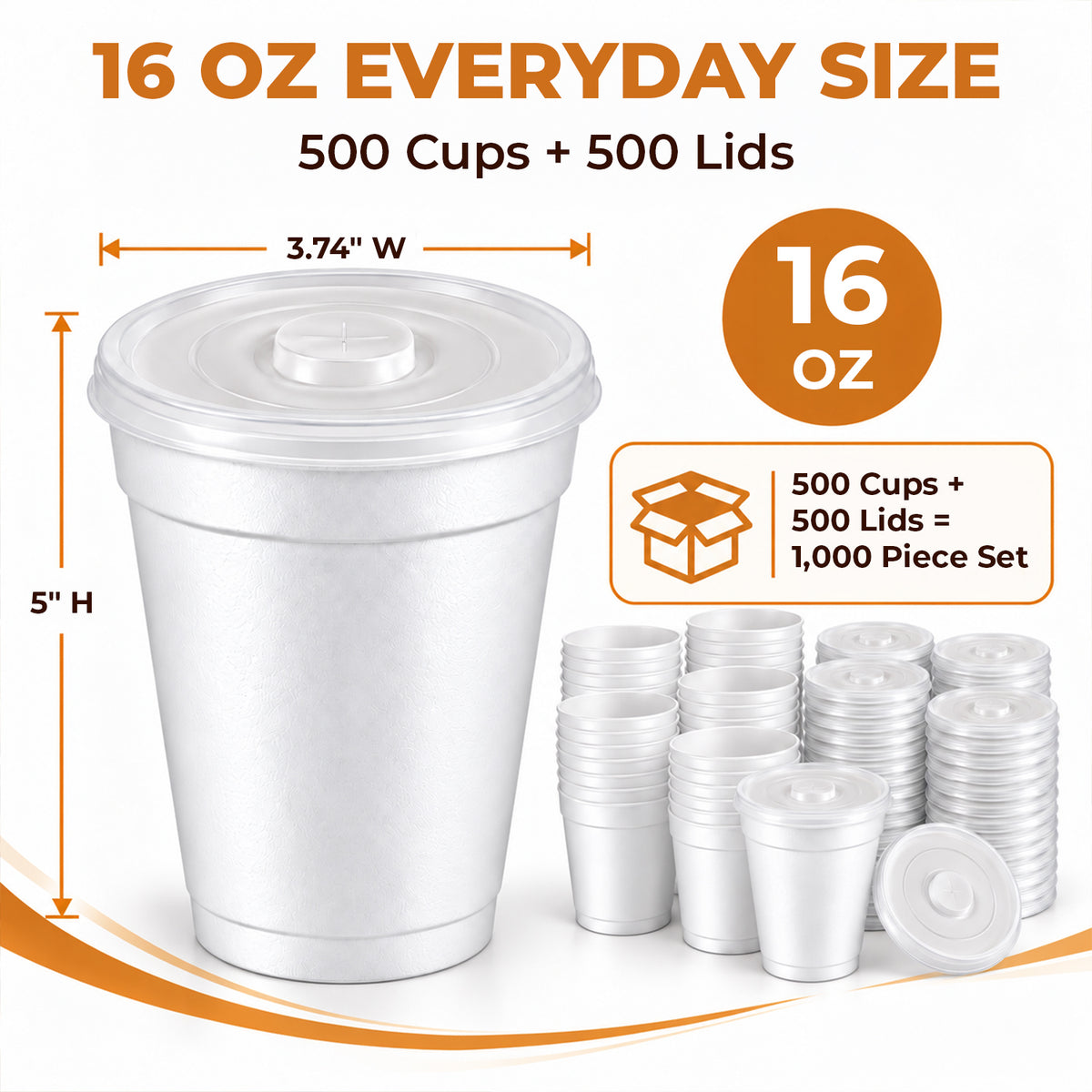 16 oz White Foam Cups with Lids, 500 Cups + 500 Lids — product view 2