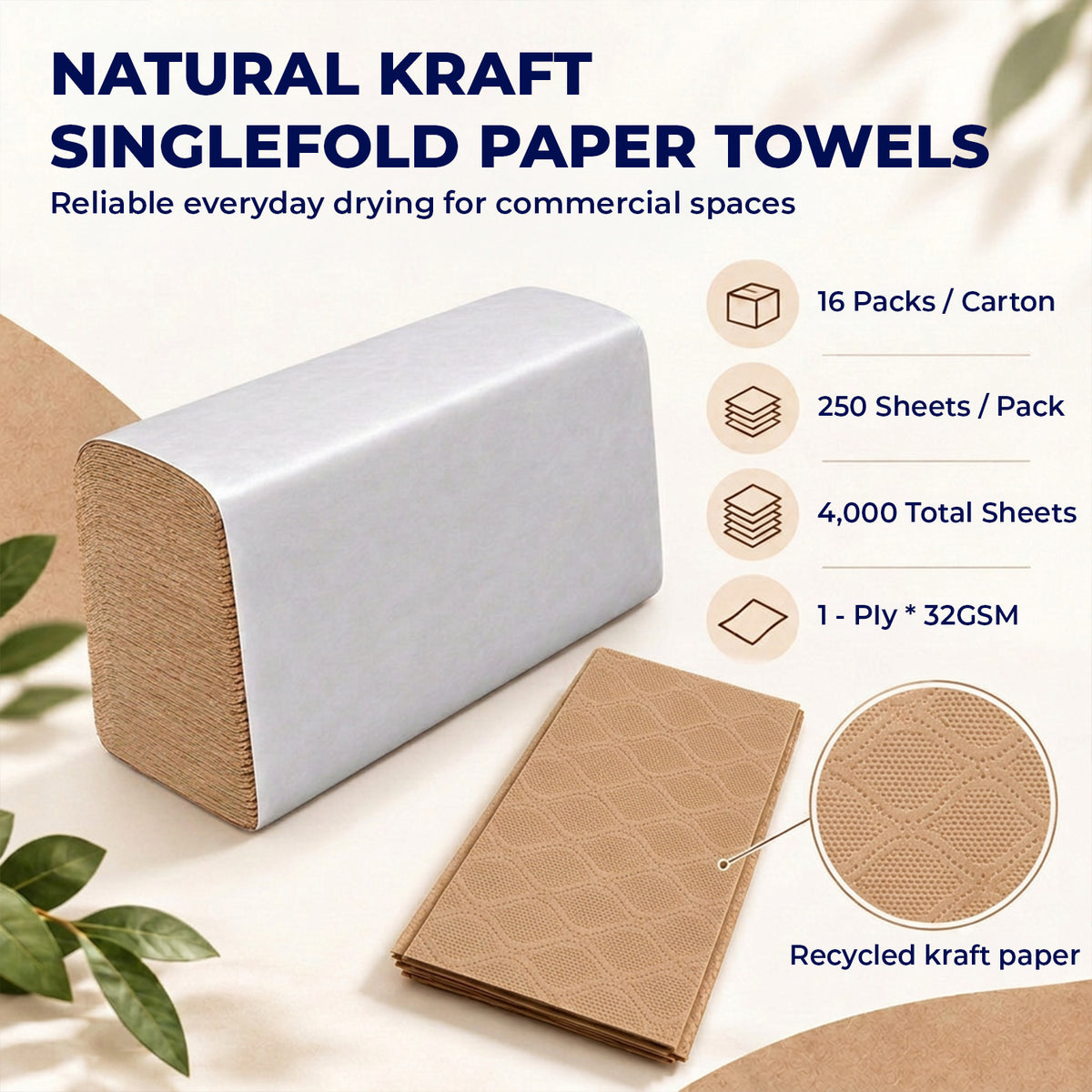 Universal Natural Singlefold Paper Towels, 1-Ply Recycled Kraft, 9.05" x 9.45", 32 GSM, 250 Sheets/Pack, 16 Packs/Carton, 4000 Sheets Total — product view 3