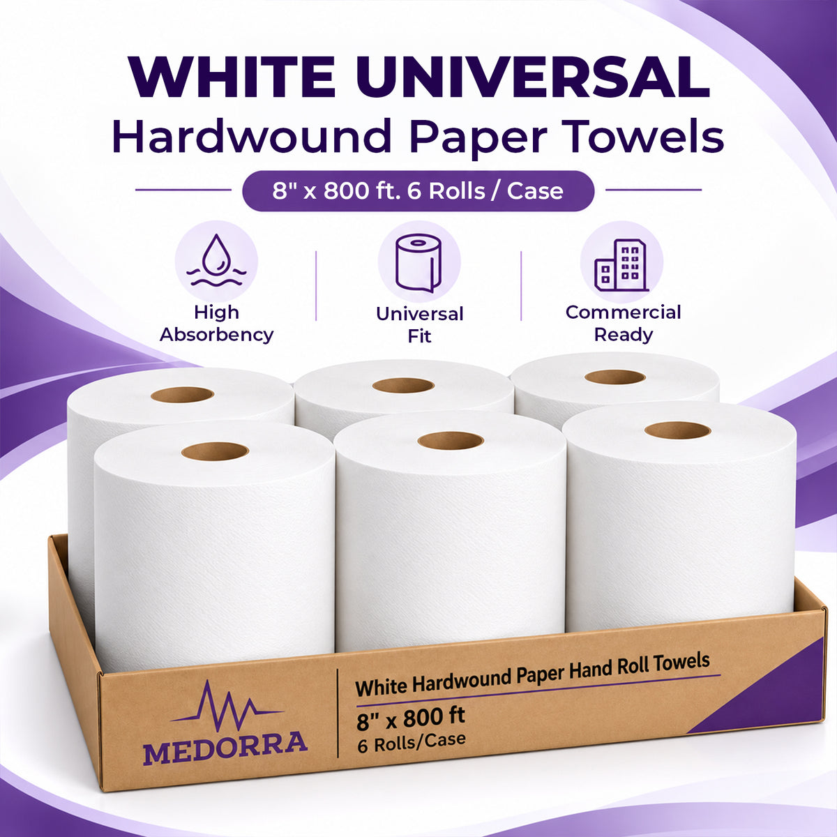 White Universal Hardwound Paper Hand Roll 8" x 800 ft, White, 6 Rolls/Case — product view 3