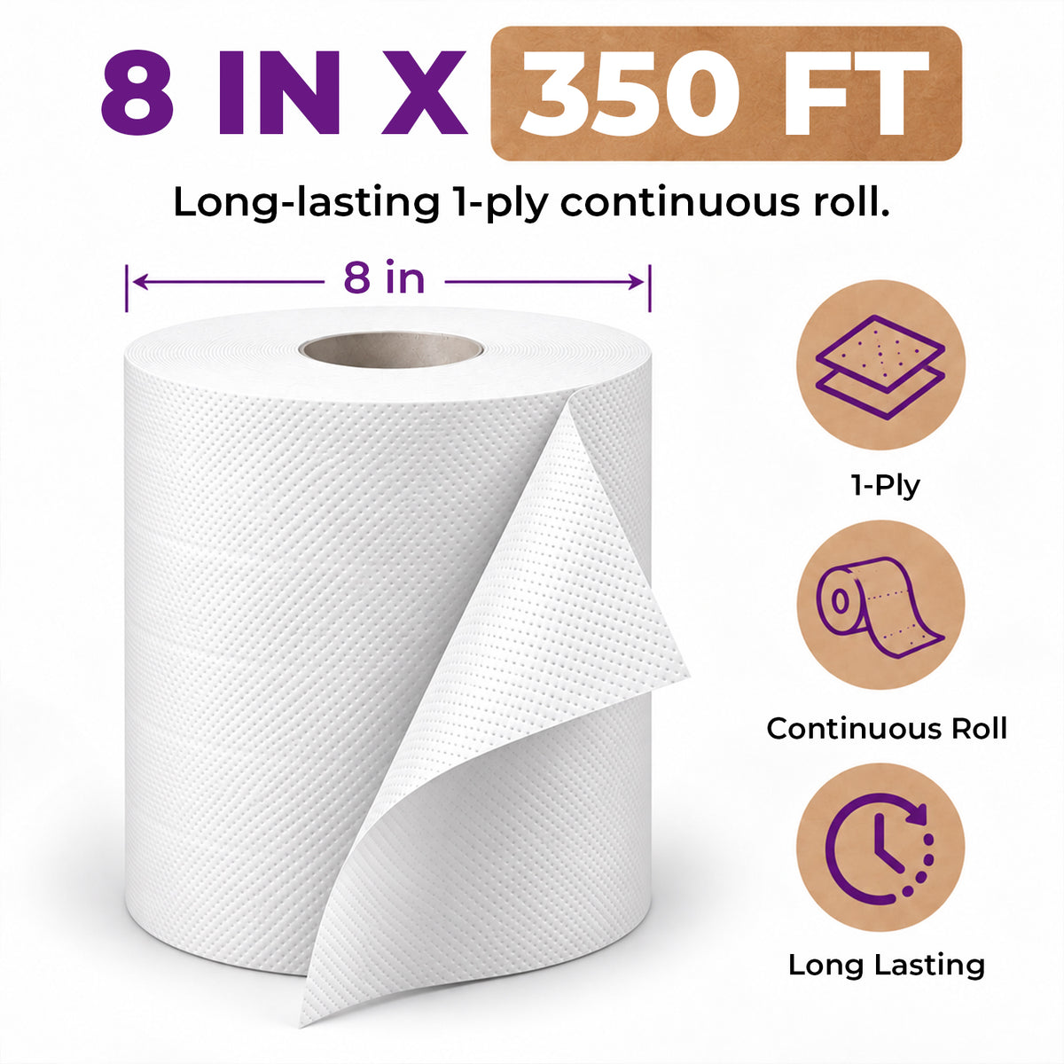 Universal Hardwound Paper Towels, 8” x 350 ft, 1-Ply,12 Rolls per Case – White/Natural (White) — product view 2