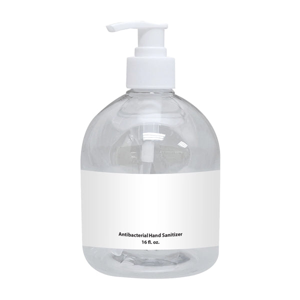 Representative 16 oz hand sanitizer bottle with pump; sold by the dozen