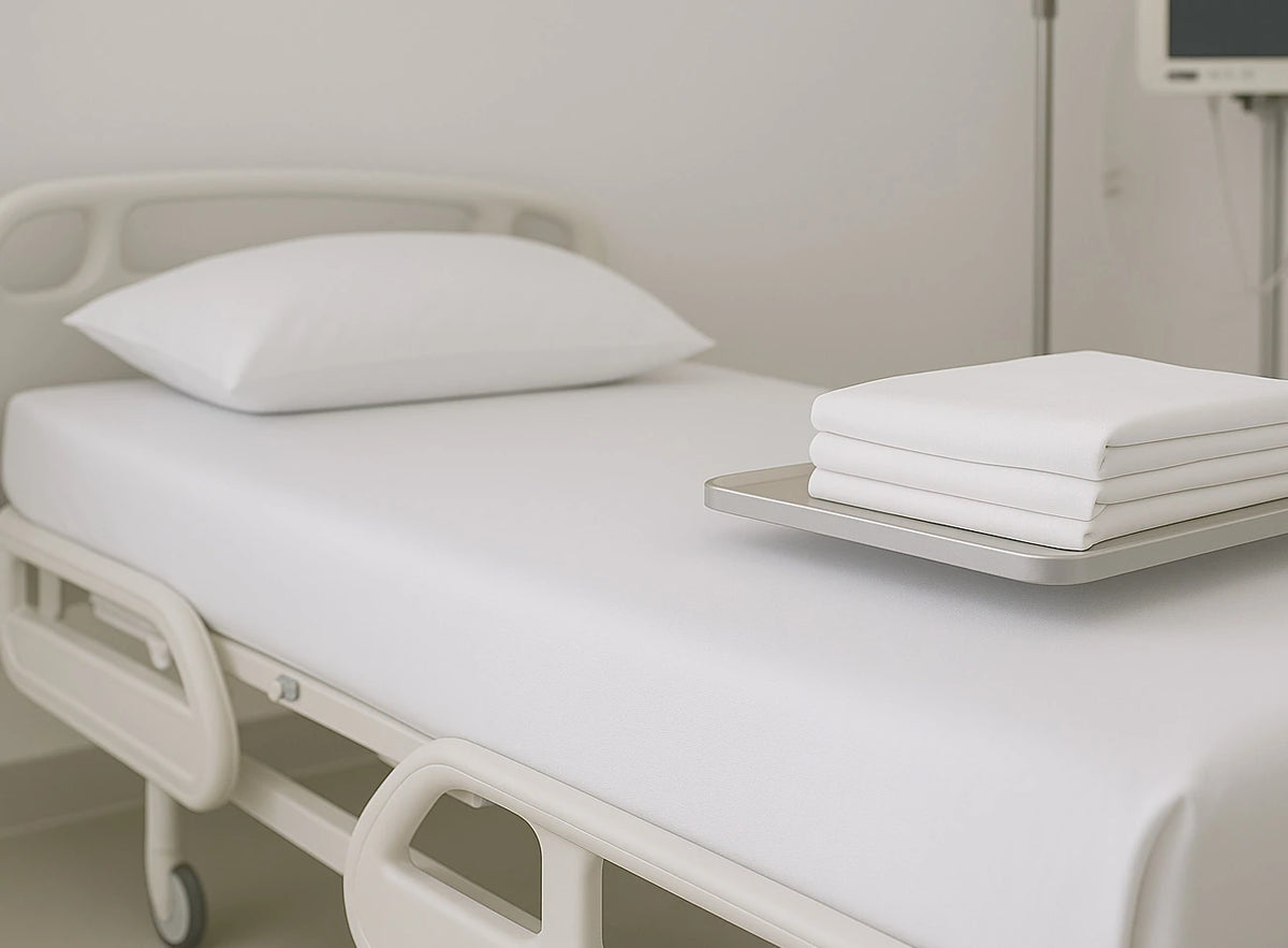 Medorra white bed linen, pillow and folded towels in a patient room