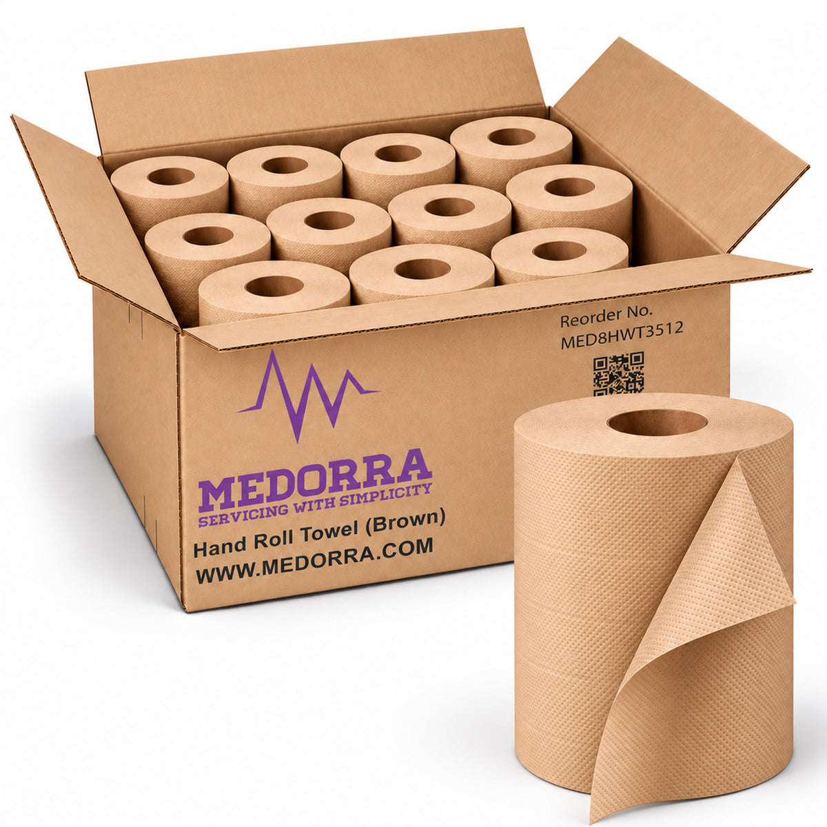 Medorra Universal Hardwound Paper Towels, 8” x 350 ft, 1-Ply, High-Absorbency Roll, Fits Universal Manual Dispensers, 12 Rolls per Case – White/Natural (Brown)