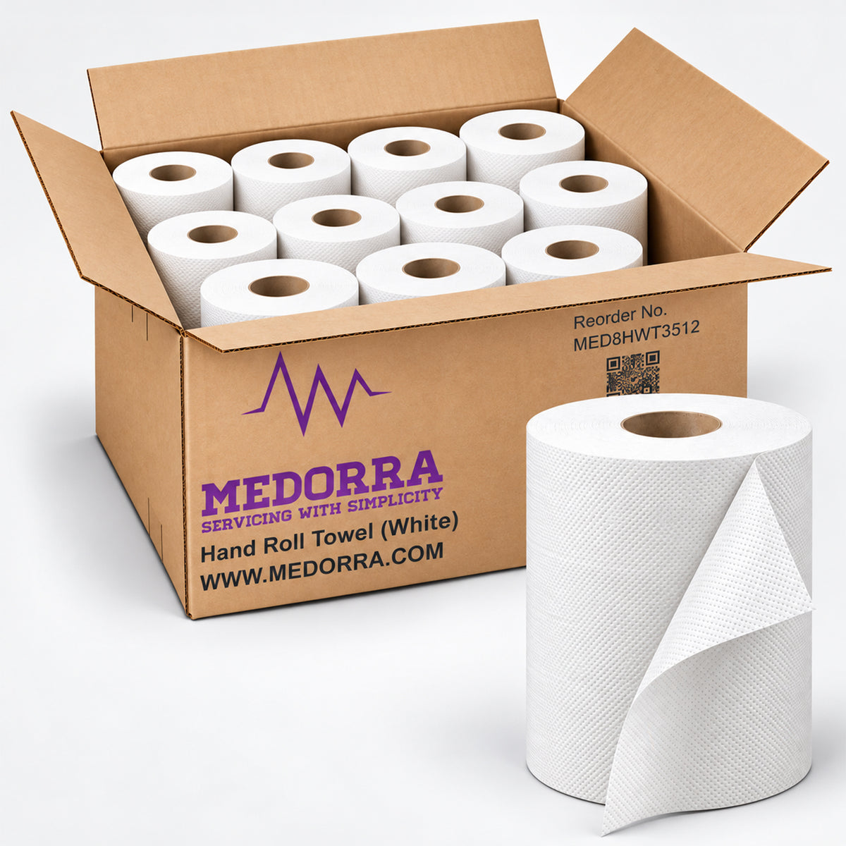 Medorra Universal Hardwound Paper Towels, 8” x 350 ft, 1-Ply, High-Absorbency Roll, Fits Universal Manual Dispensers, 12 Rolls per Case – White/Natural (White)