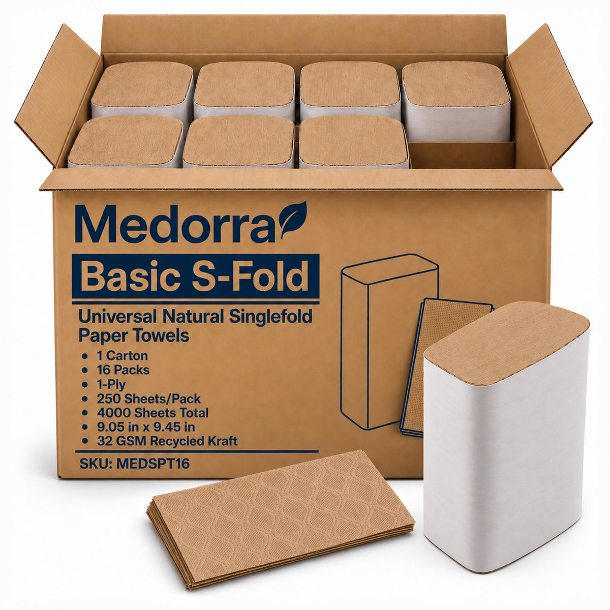 Medorra Universal Natural Singlefold Paper Towels, 1-Ply Recycled Kraft, 9.05" x 9.45", 32 GSM, 250 Sheets/Pack, 16 Packs/Carton, 4000 Sheets Total