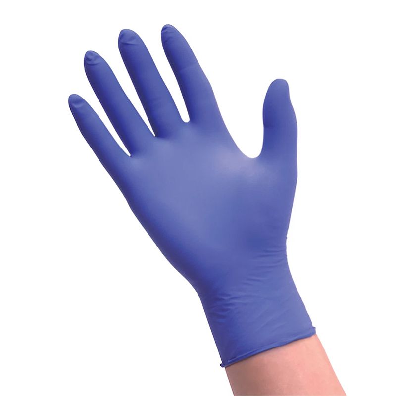 Representative blue nitrile glove worn on a hand
