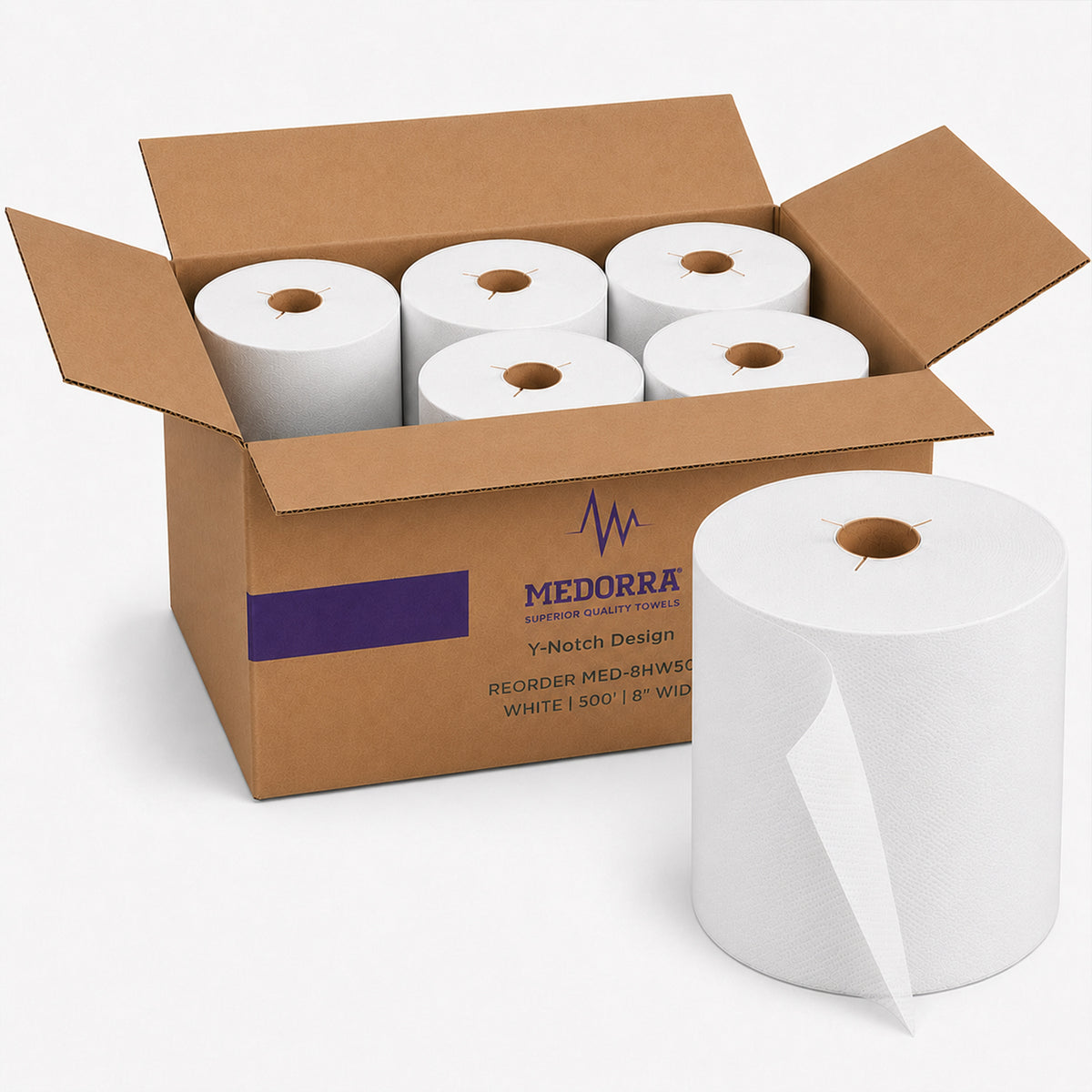 White hardwound paper towel rolls — 8 inches × 800 feet · 6 rolls