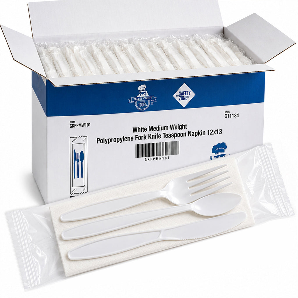 White polypropylene cutlery kits — Fork, knife & teaspoon · 250 kits