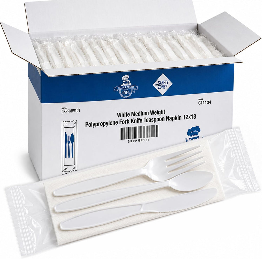 White polypropylene cutlery kits — Fork, knife & teaspoon · 250 kits