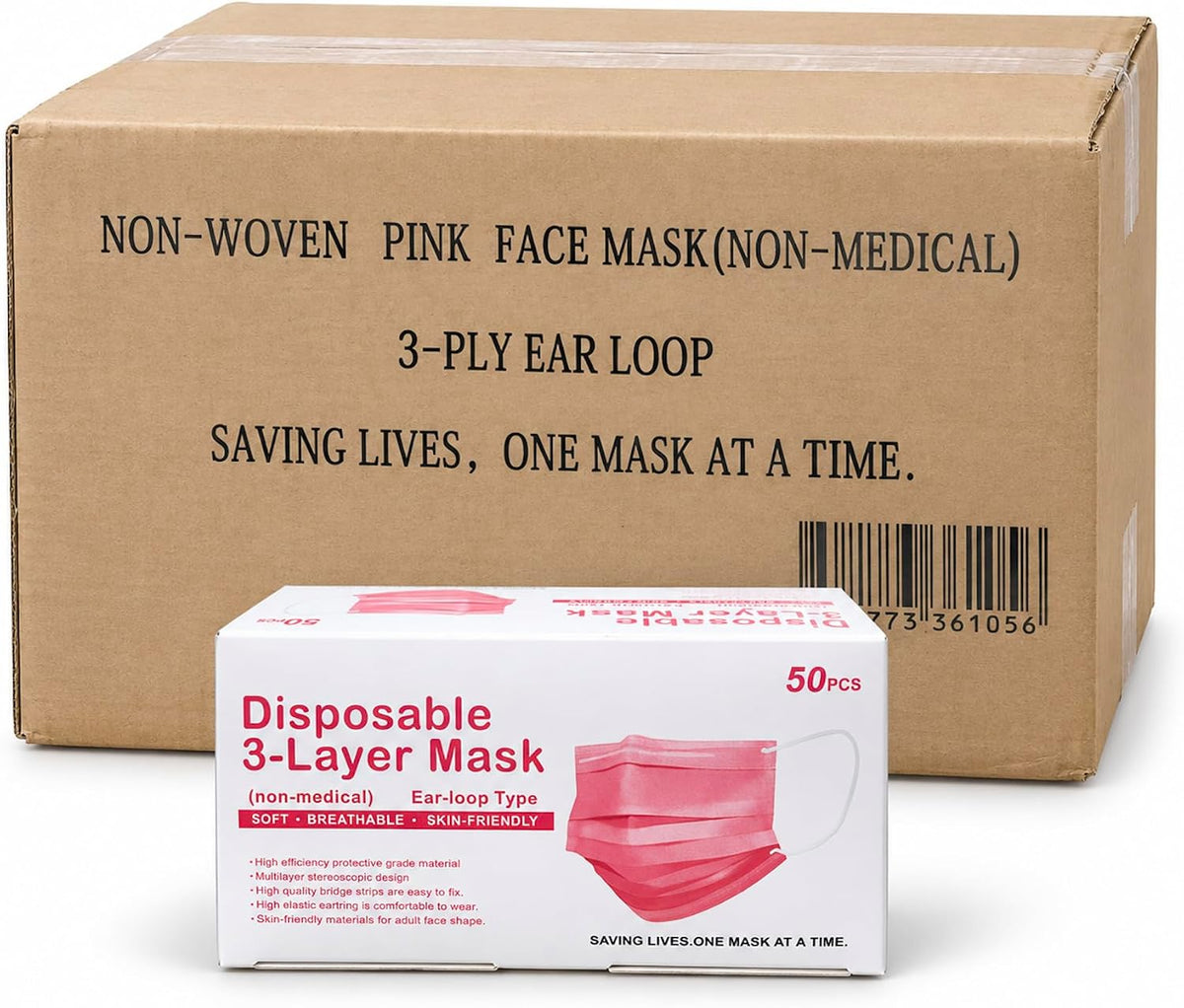 3-ply disposable face masks — Pink · 40 boxes × 50 masks · 2,000 total