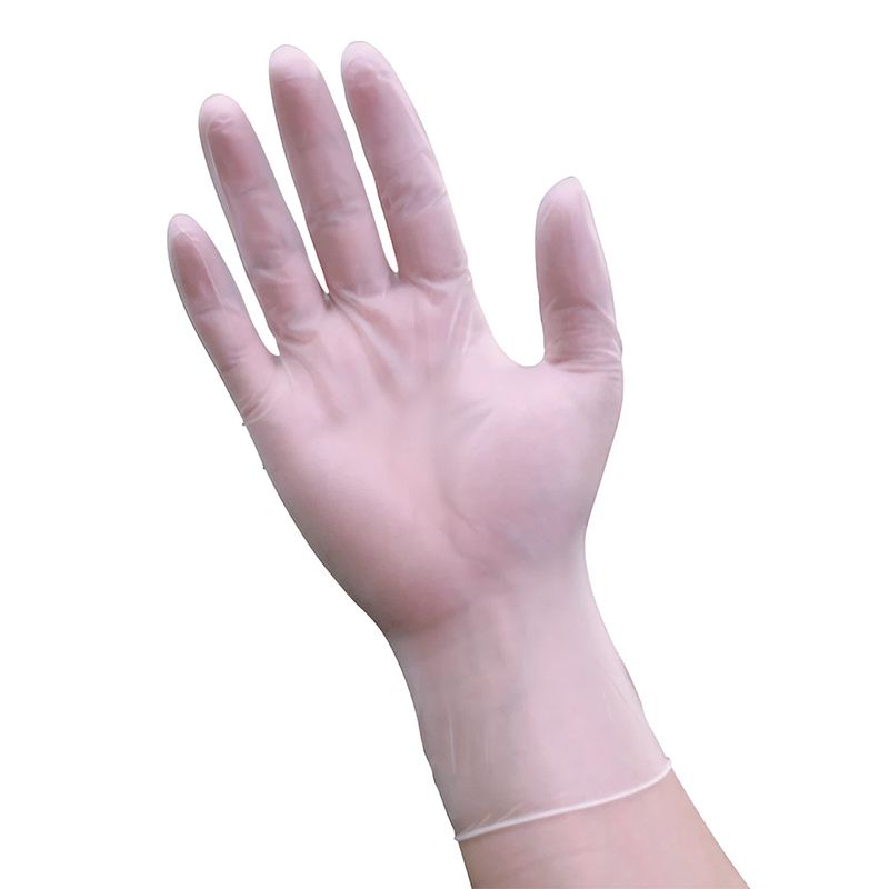 Representative clear vinyl glove worn on a hand