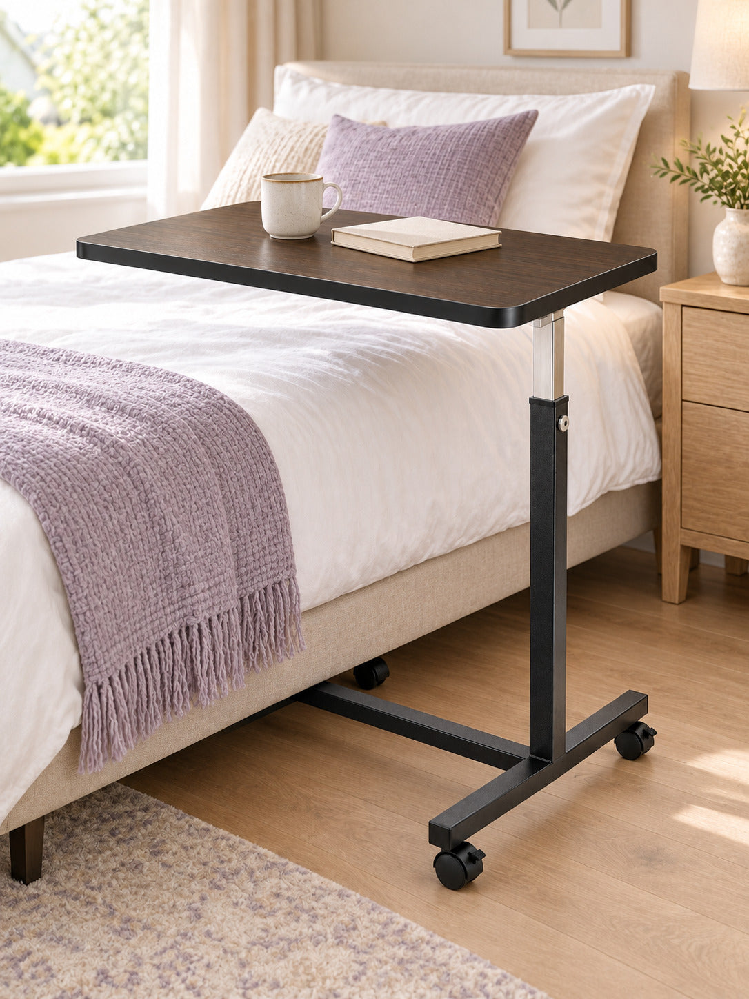 MEDORRA brown woodgrain overbed table — bedside