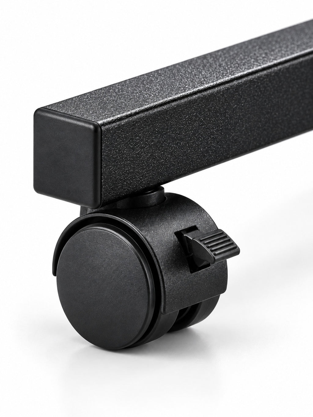 MEDORRA brown woodgrain overbed table — caster detail