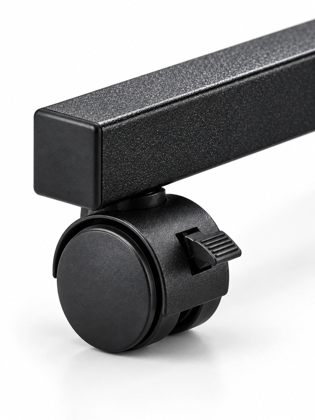 MEDORRA brown woodgrain overbed table — caster detail
