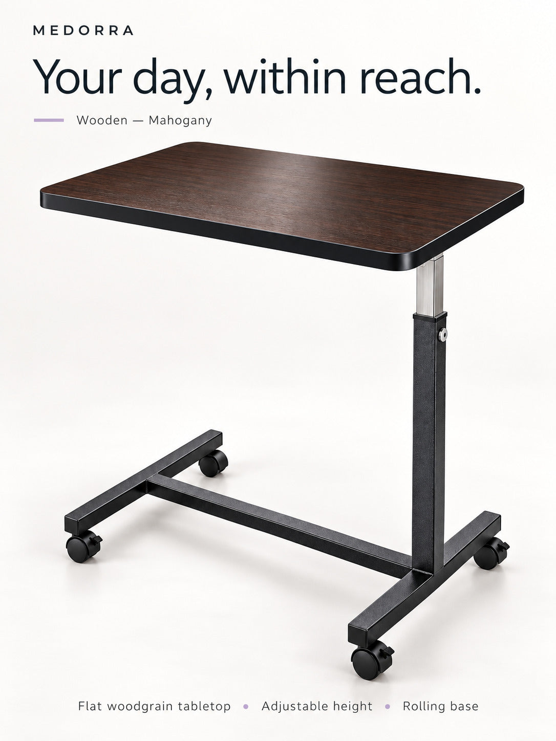 MEDORRA Wooden — Mahogany overbed table with adjustable height and rolling base