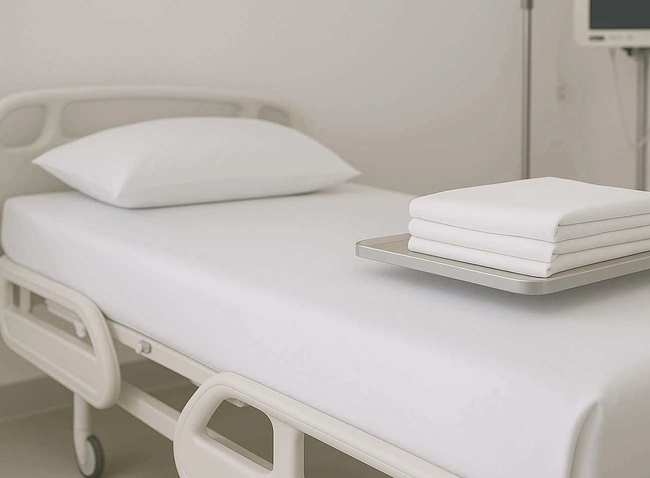 Medorra white bed linen, pillow, and folded towels in a patient room