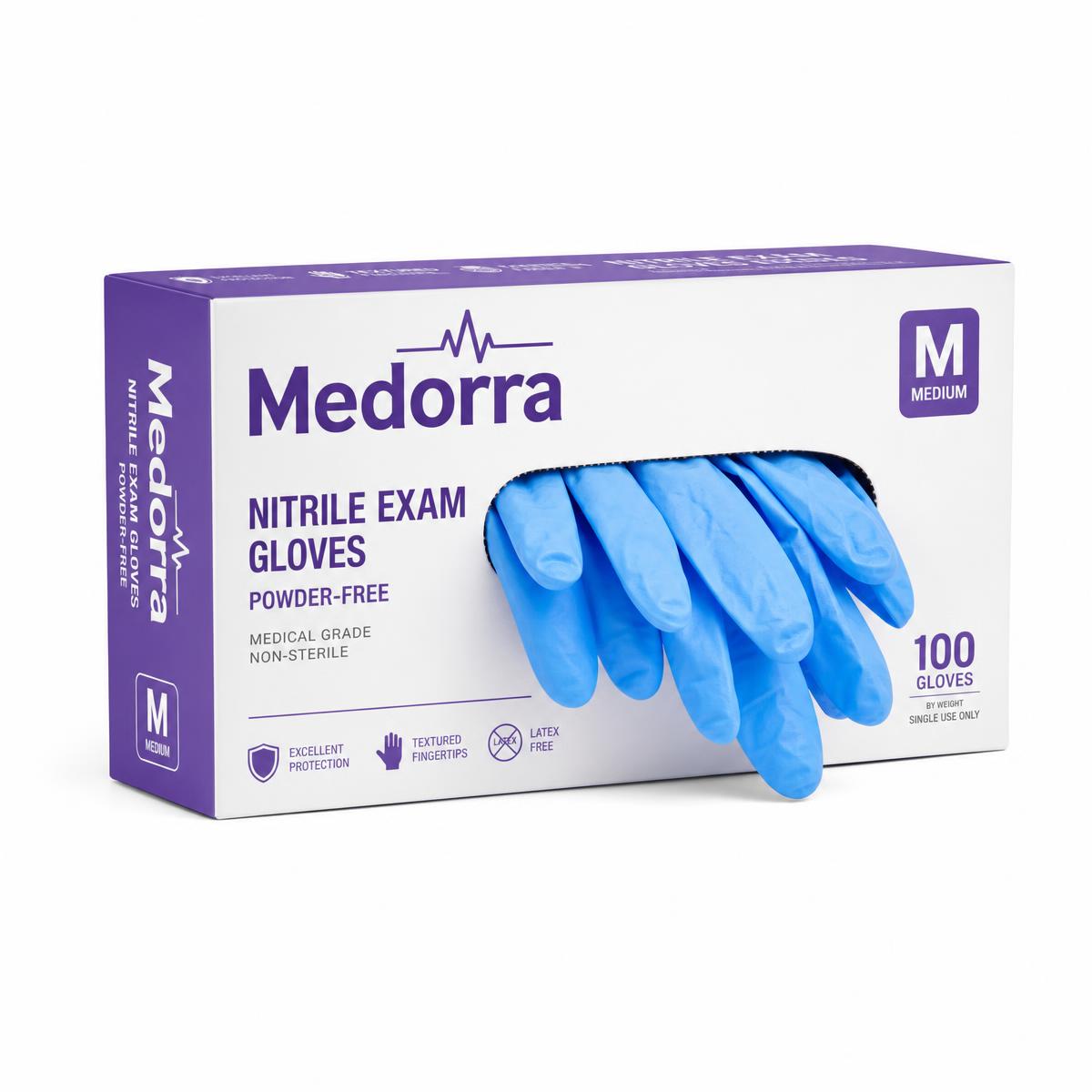Medorra Nitrile Exam Gloves, Powder-Free (Case of 10 Boxes)